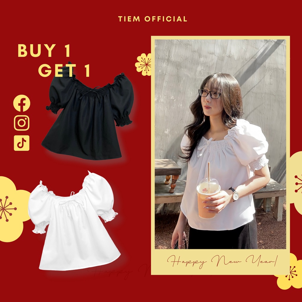 [MUA 1 TẶNG 1] Áo tiểu thư mặc hai kiểu tay phồng cổ vuông/ trễ vai - Sun Top - Tiệm Official