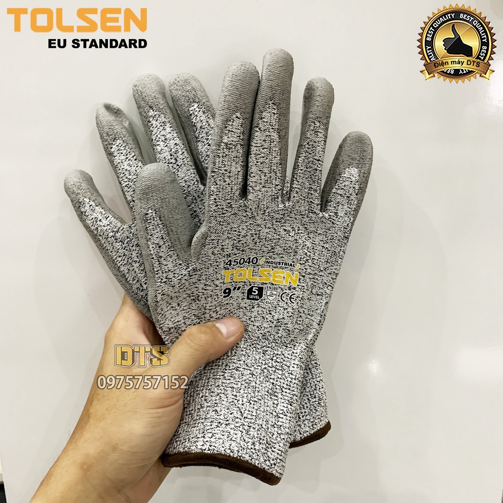 Găng tay chống cắt cấp độ 5 TOLSEN phủ PU, găng tay bảo hộ chống đâm xuyên, mài mòn, xé rách theo tiêu chuẩn EN388