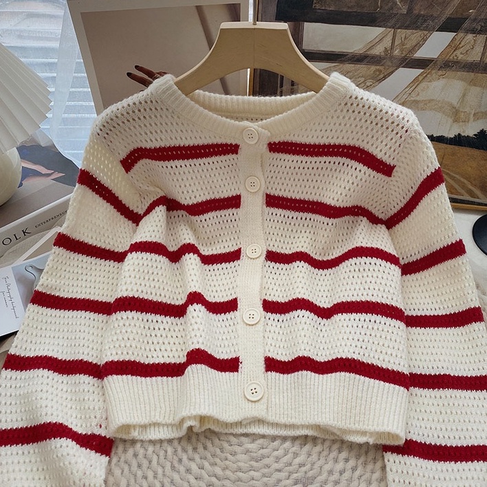 NUZIRO Set đồ  gồm áo hai dây và áo khoác cardigan tay dài dệt kim họa tiết kẻ sọc phong cách Hàn Quốc thời trang cho nữ