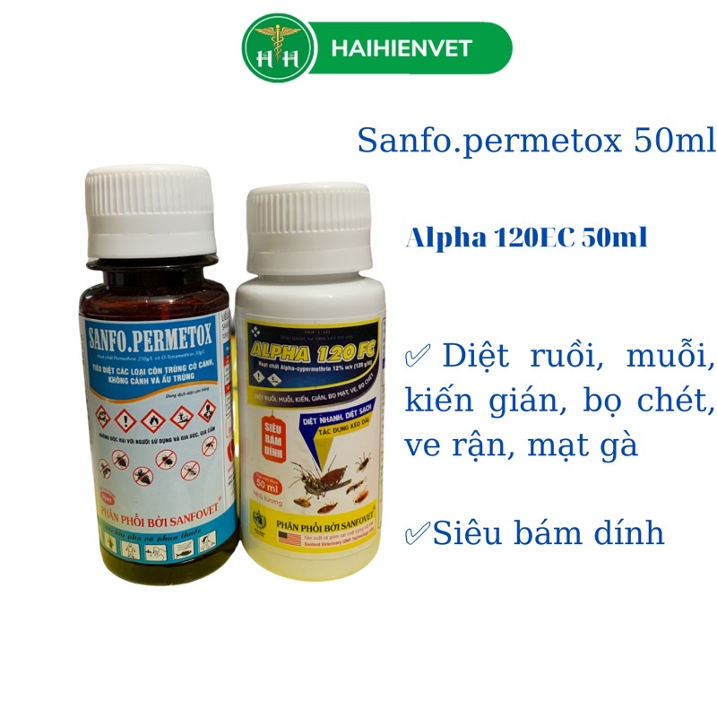 Bộ đôi diệt muỗi, ruồi, kiến gián, bọ mạt, ve, bọ chét... Alpha 120ES 50ml + Sanfo Permetox 50ml