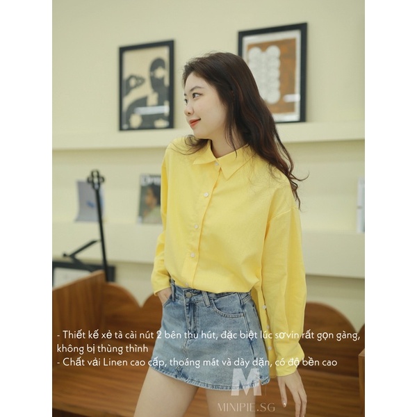 Áo Sơ Mi Linen Tay Dài Form Rộng Basic Xẻ Tà 2 Bên Đi Học - Minipie