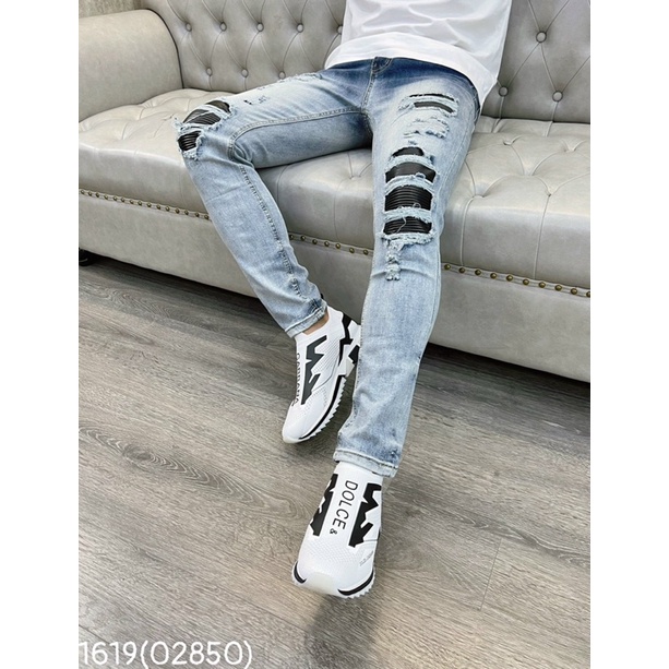 Quần jean nam vá da nhăn đen khâu viền,quần bò vá gối nhăn đen chắc chắn