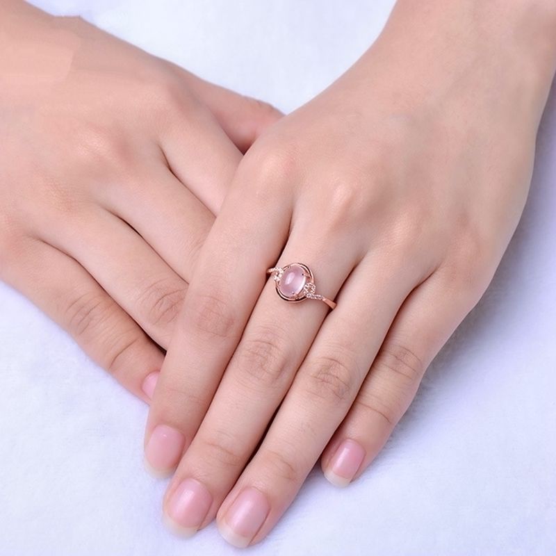 Nhẫn Mạ Bạc 925 Đính Đá Thạch Anh Hồng Tự Nhiên Cincin-S1