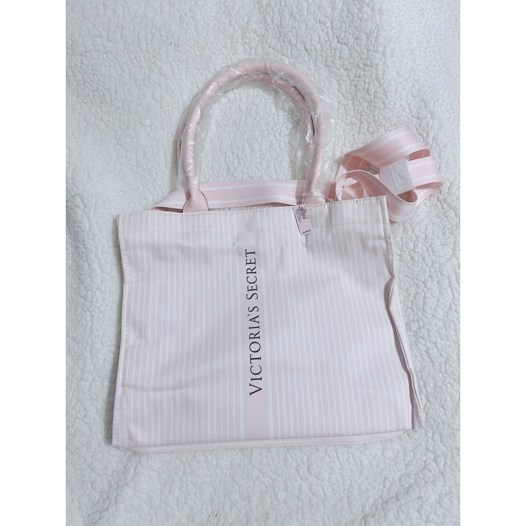 Auth Túi Tote vải Canvas màu hồng kẻ sọc in chữ Victoria's Secret 38×13.5×30cm