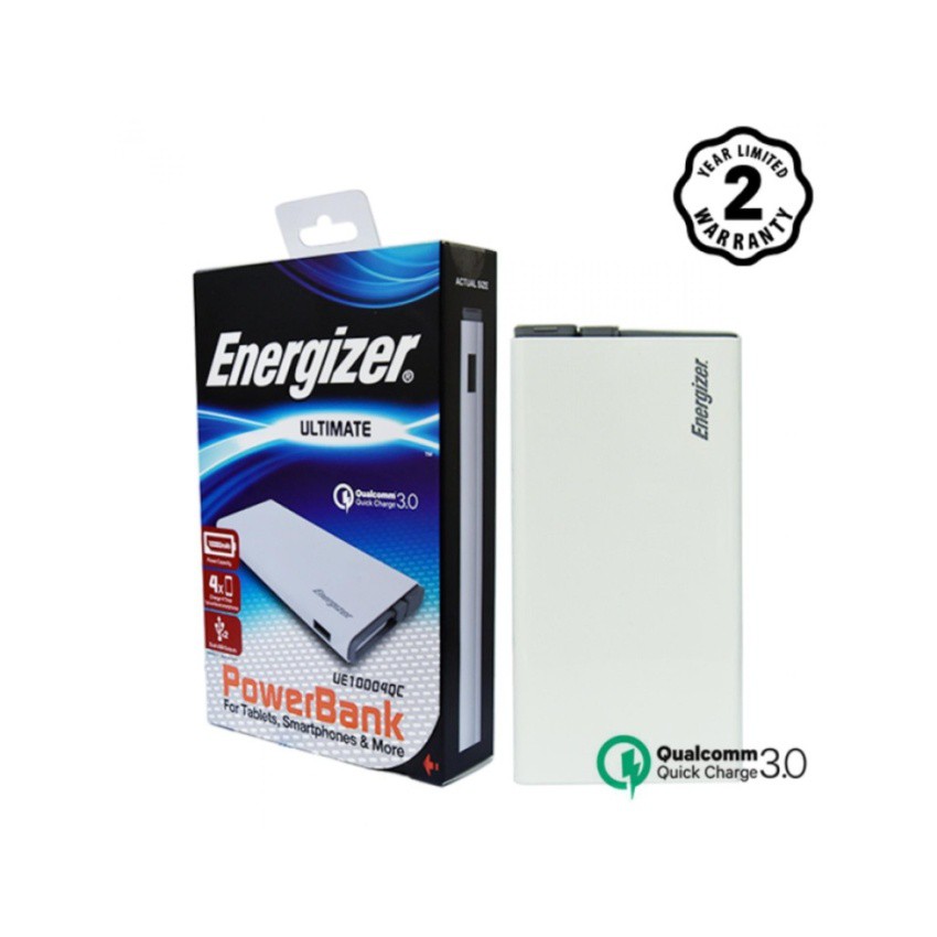 [Freeship toàn quốc từ 50k] Pin sạc dự phòng Energizer 10000mAh Li-Po 2 cổng Output Quick Charge 3.0 - UE10004QC (Trắng)