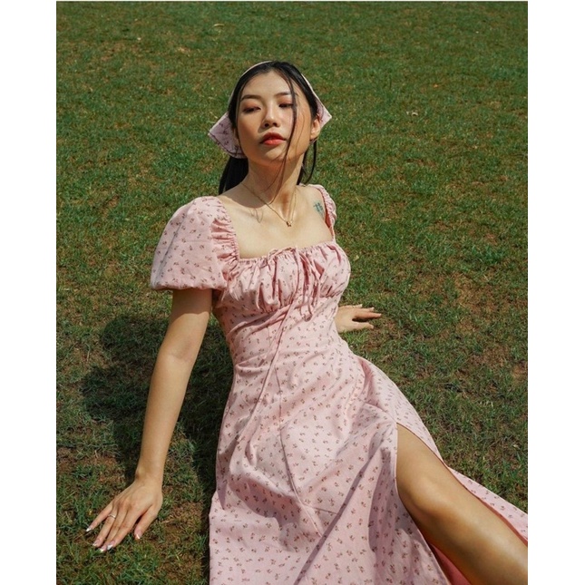 Váy maxi hoa nhí dáng dài cổ vuông xẻ tà phong cách ulzzang vingate