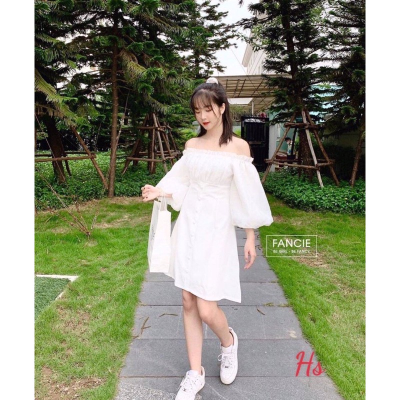 Đầm Nữ Voan Trễ Vai Tay Phồng 🦋 Váy Nữ Triết Eo Dáng Lỡ 2 Màu 🦋 | BigBuy360 - bigbuy360.vn