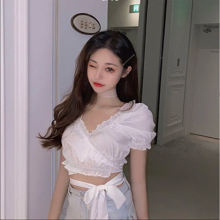 Áo Croptop Ngắn Tay Cổ Chữ V Gợi Cảm Dành Cho Nữ