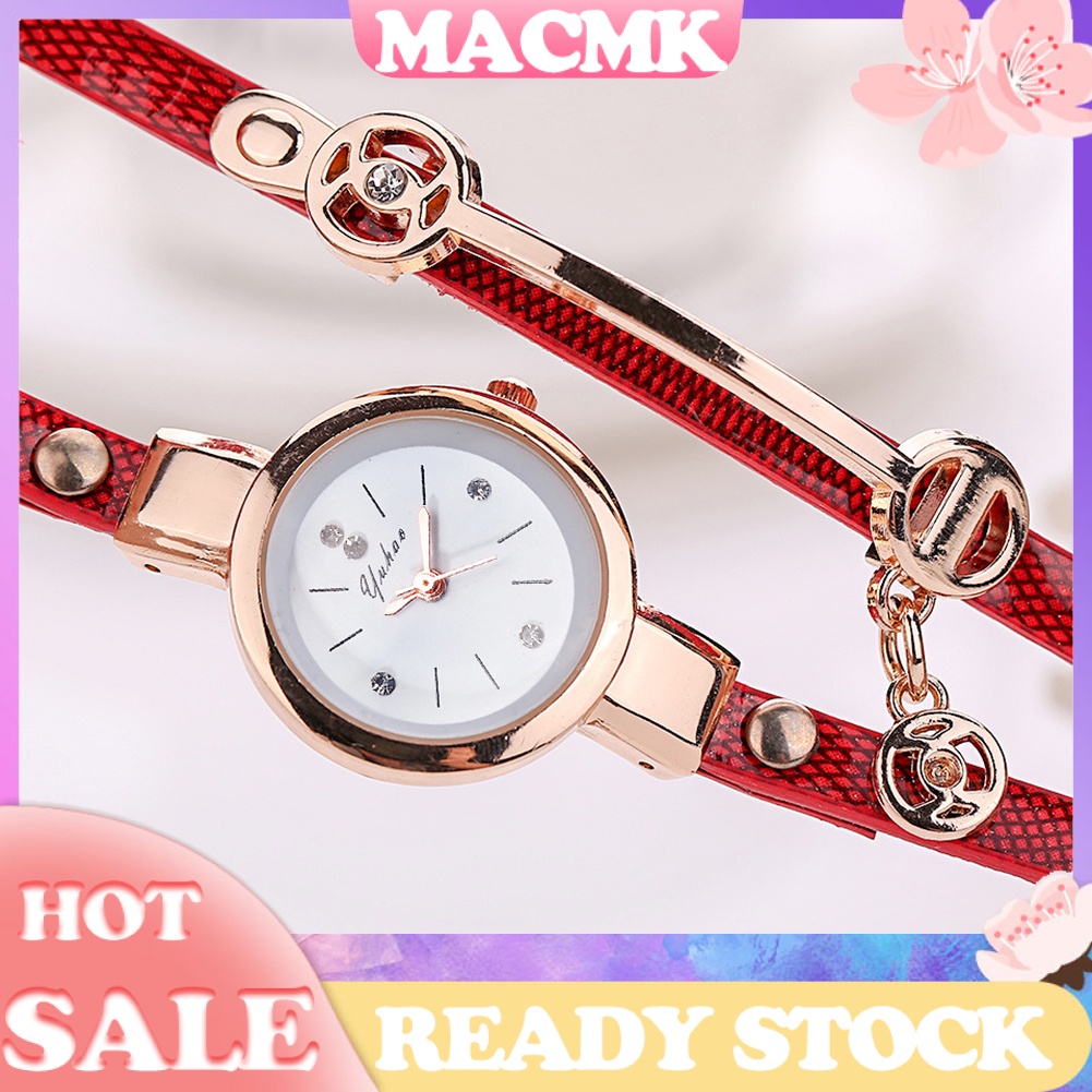 MACmk Women Rhinestone Multilayer Bracelet Faux Leather Strap Analog Quartz Wristwatch