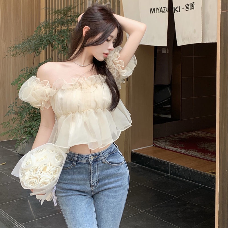 Jiashucheng Áo Chiffon Tay Phồng Trễ Vai Thời Trang Dành Cho Nữ