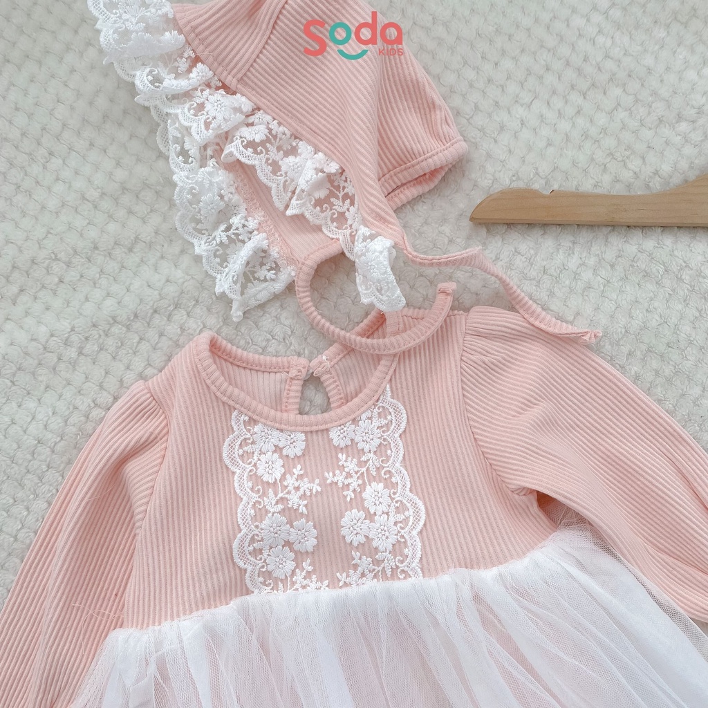 Bộ liền thân phối voan trắng hồng kèm mũ (Ảnh thật)