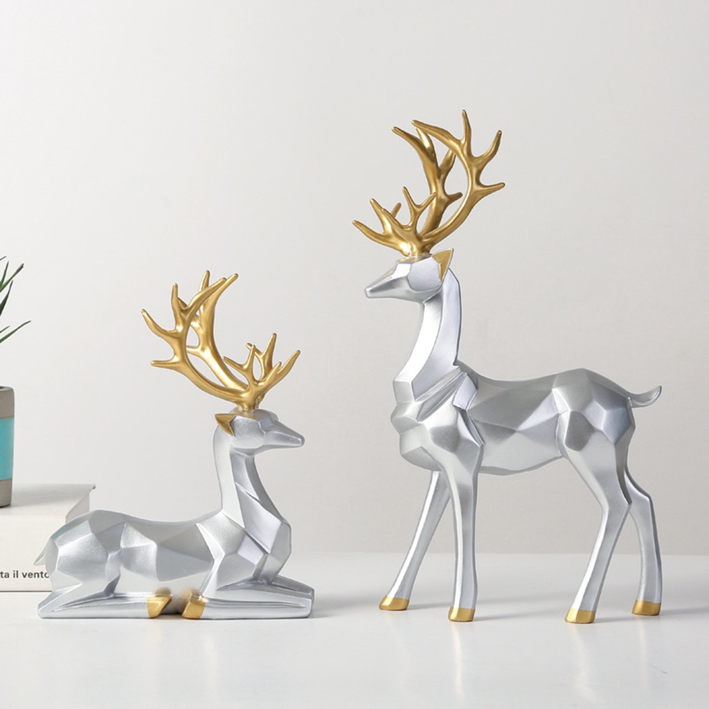 Set 2 mô hình tuần lộc hình học bằng nhựa resin dùng trang trí phòng khách/tủ rượu