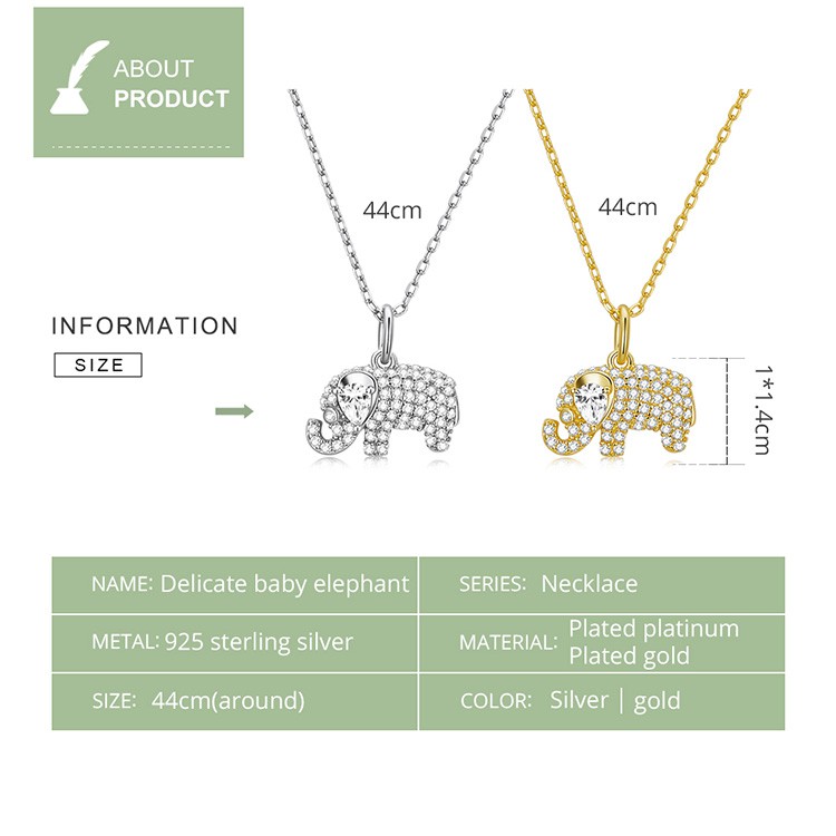 Dây chuyền BAMOER bạc 925 mặt hình con voi đính đá zircon 2 màu sắc tùy chọn thời trang làm quà tặng dành cho nữ