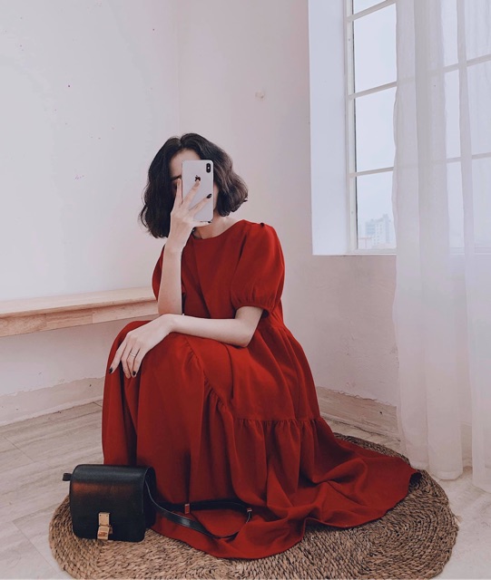 Đầm tầng dáng babydoll nơ sau, chất vải chéo dày dặn chị em bầu bí mặc thoái mái | BigBuy360 - bigbuy360.vn