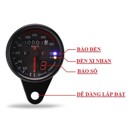 ĐỒNG HỒ XE MÁY CAFE RACER, TRACER - Đồng hồ độ đo km classic màu đen có kèm báo số và 2 đèn báo chức năng cơ bản