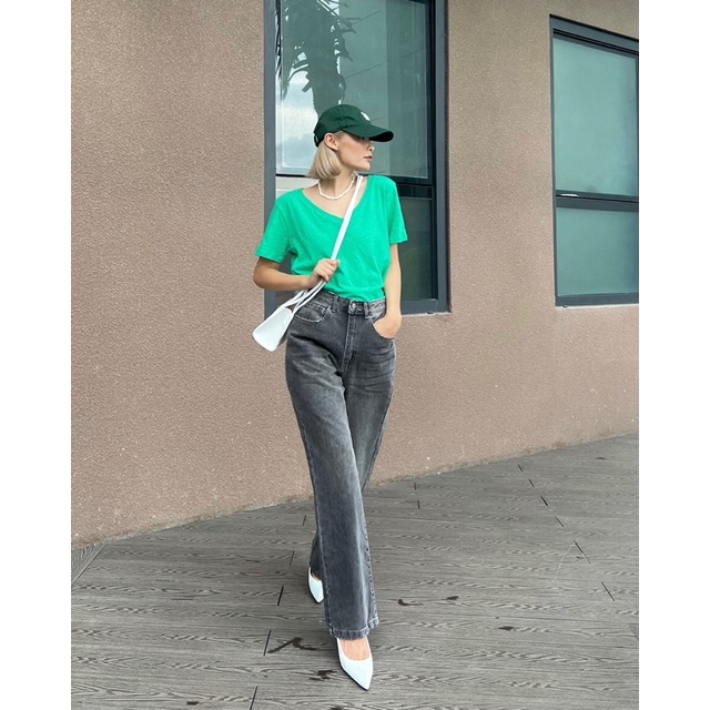 Quần jeans nữ MIEU xám dáng suông lưng mài rách - JA21