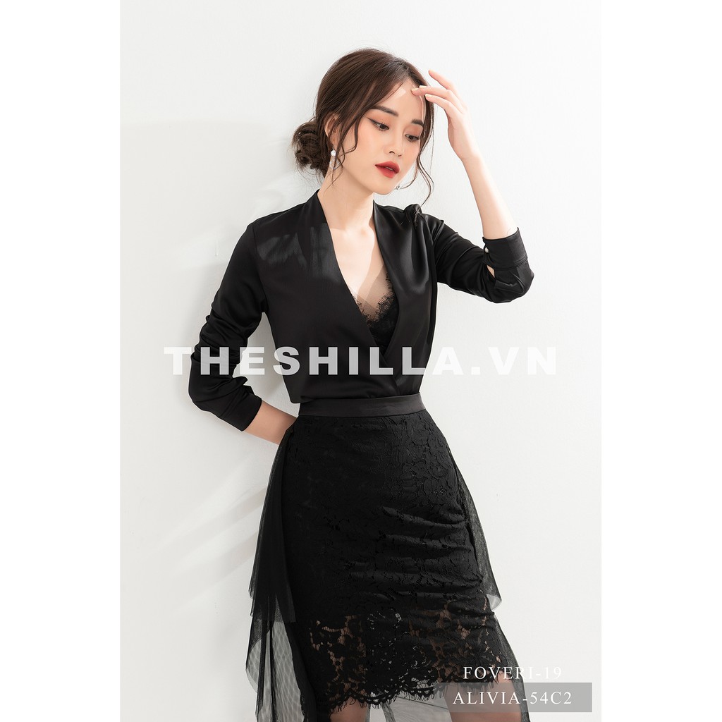 Váy thiết kế cao cấp màu đen chân váy phối ren áo lụa [ Có video + Ảnh thật ] The Shilla - Alivia-54C2