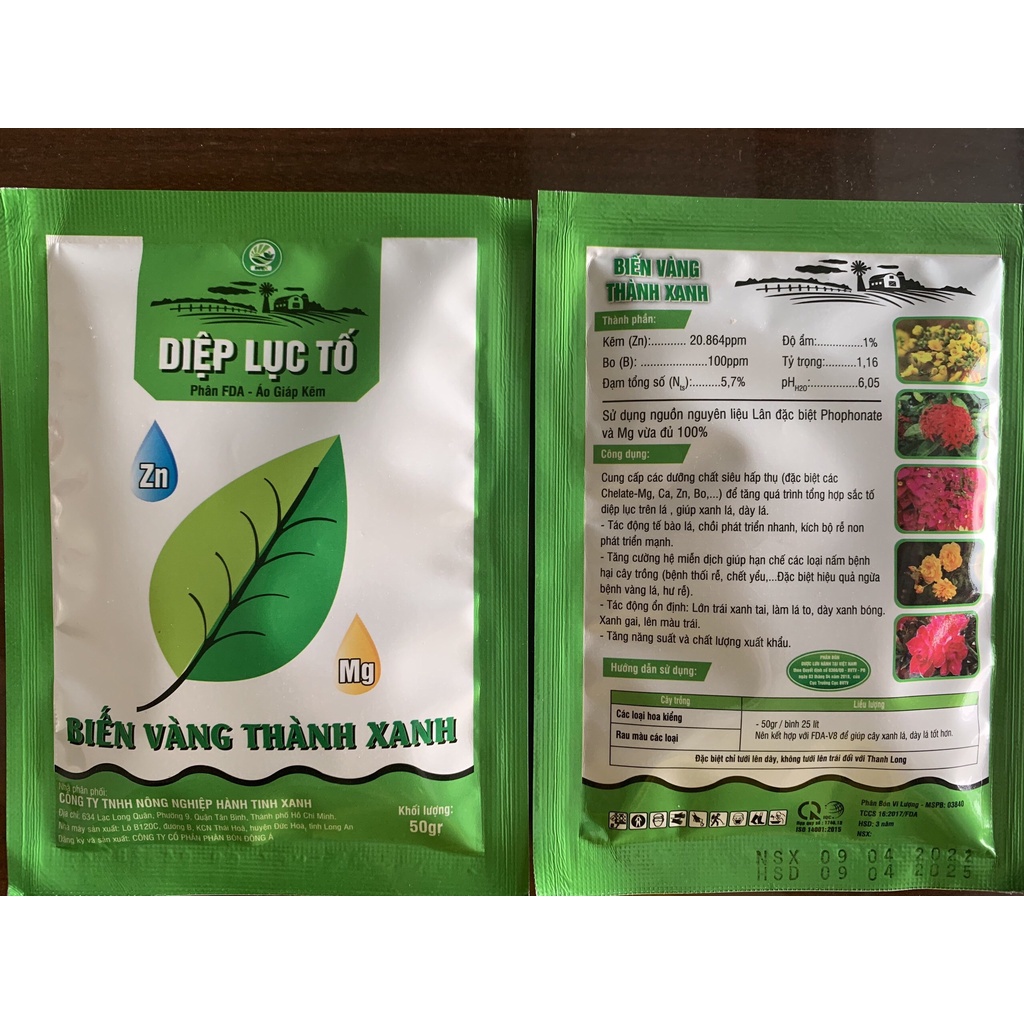 Phân Diệp Lục Tố, Biến Vàng thành Xanh - FDA áo giáp kẽm - gói 50g
