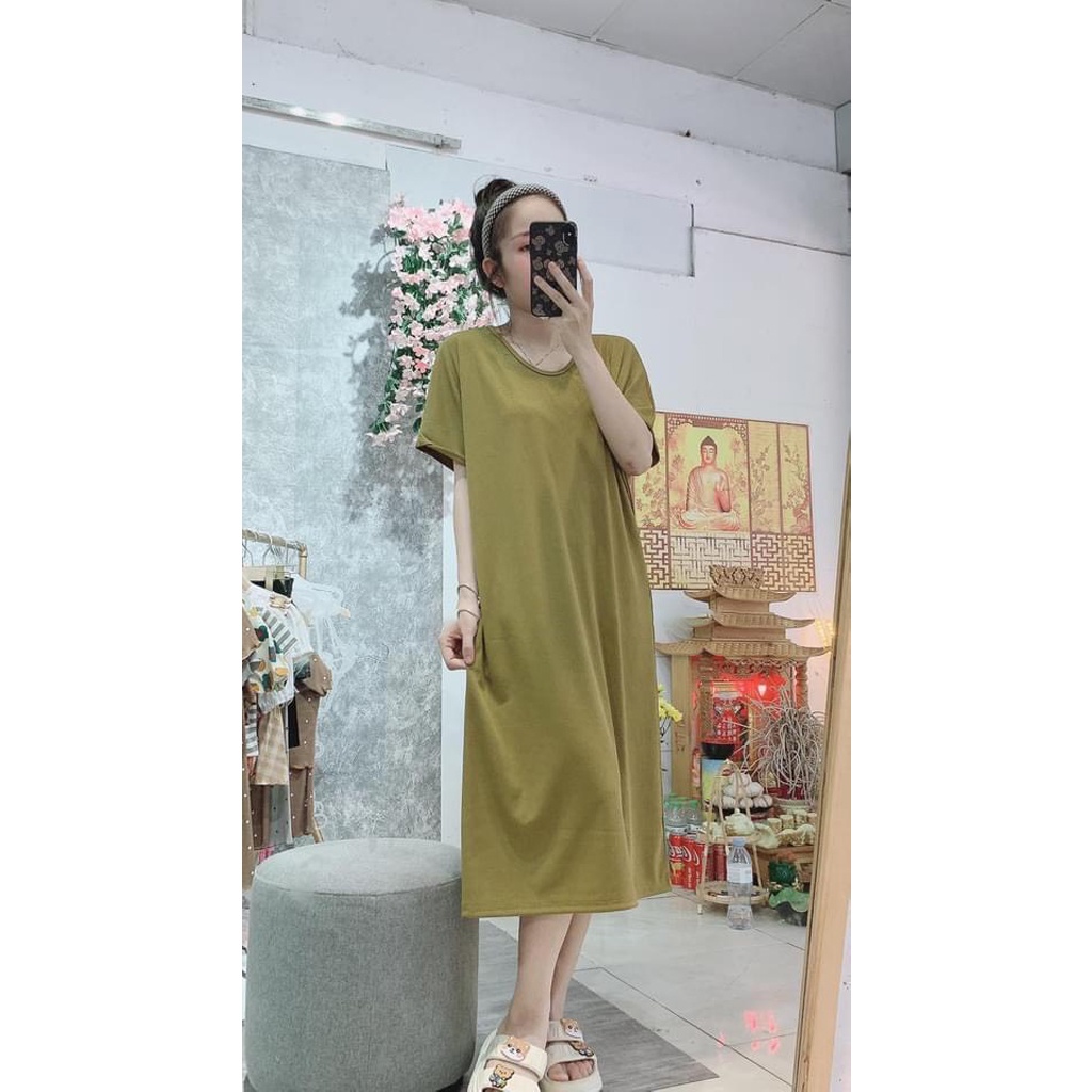 Váy thun mềm tay ngắn dáng dài cổ chữ V, đầm màu trơn form rộng 3 màu trơn hot trend - Trabinhshop