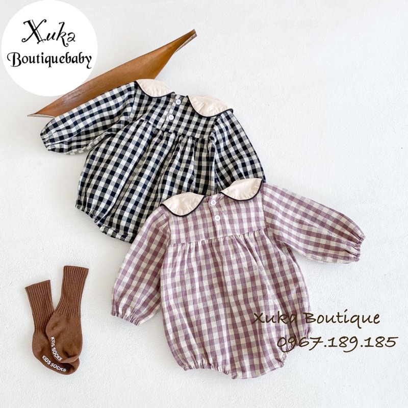Bodysuit Dài Tay Kẻ Caro Cổ Yếm Thêu Gấu Bé Gái Cao Cấp - Body Chip Thêu Gấu Hàn Quốc