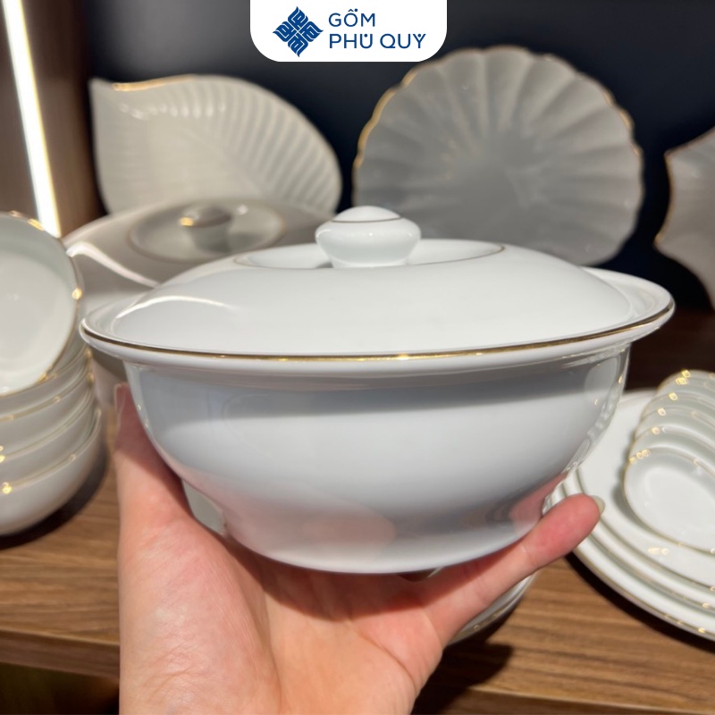 Bộ Bát Đĩa Sứ Bát Tràng, Chén Dĩa Trắng Kẻ Chỉ Vàng Kim Đẹp, Cao Cấp, Bát Ăn Cơm Hh01