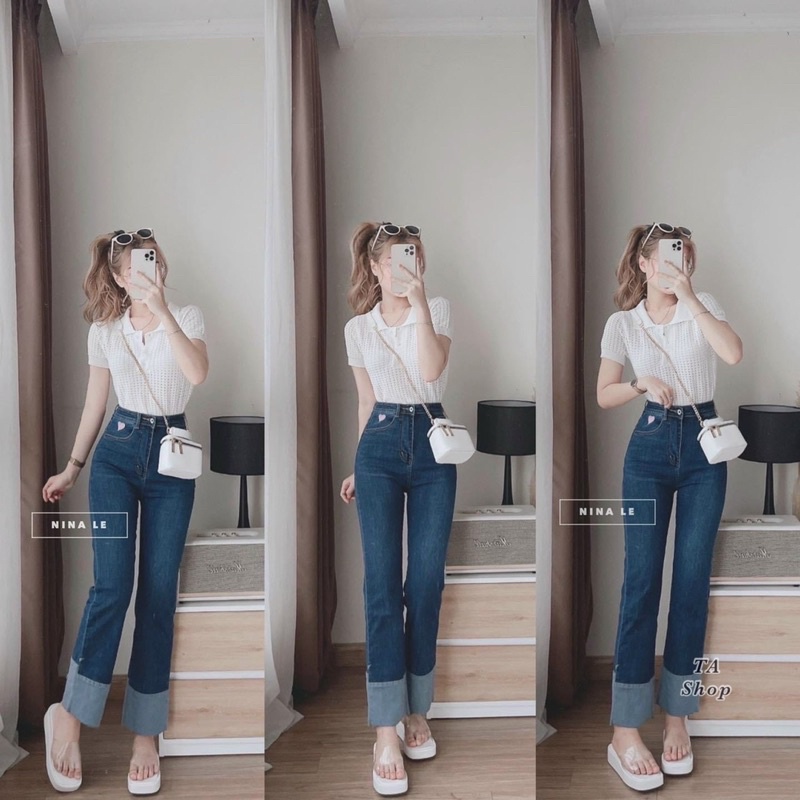 Áo len lỗ cổ đức bo gấu màu trắng duy nhất, dáng áo len polo