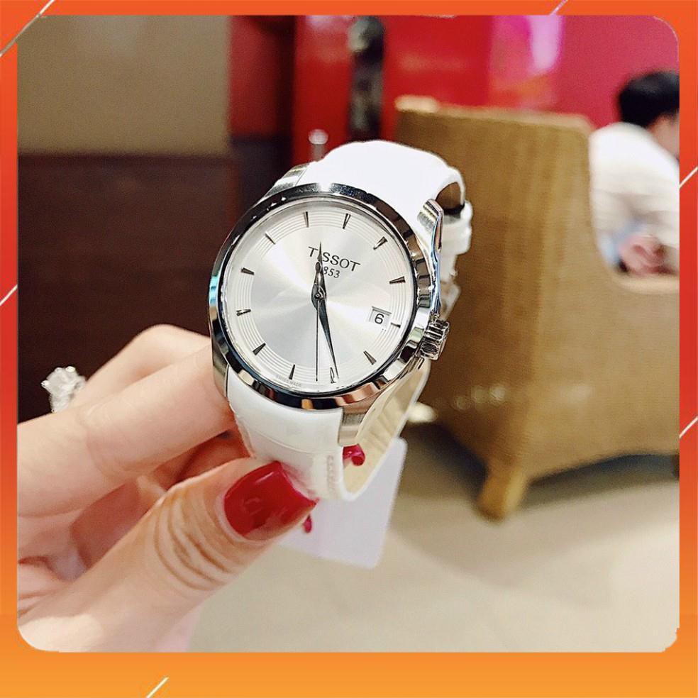 (Thẻ bảo hành 12 tháng)  Đồng hồ nữ Tissot dây da bóng mềm, khóa thông mình - Dongho.tissot