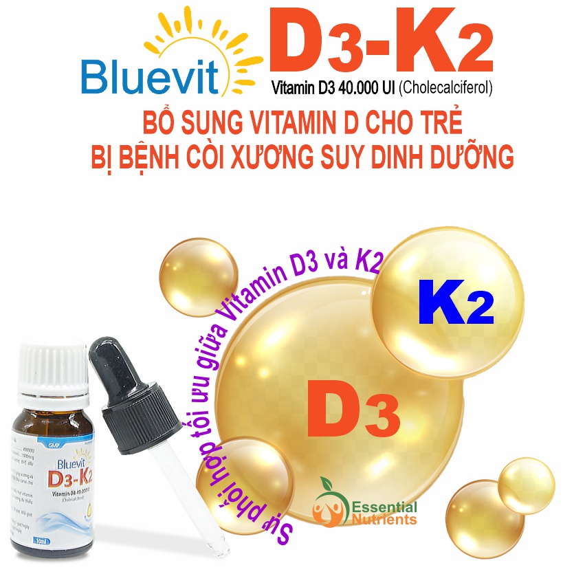 Bluevit vitamin D3 K2 - thực phẩm bổ sung vitamin d3 k2 cho trẻ sơ sinh, trẻ còi xương suy dinh dưỡng | Lotuspharma