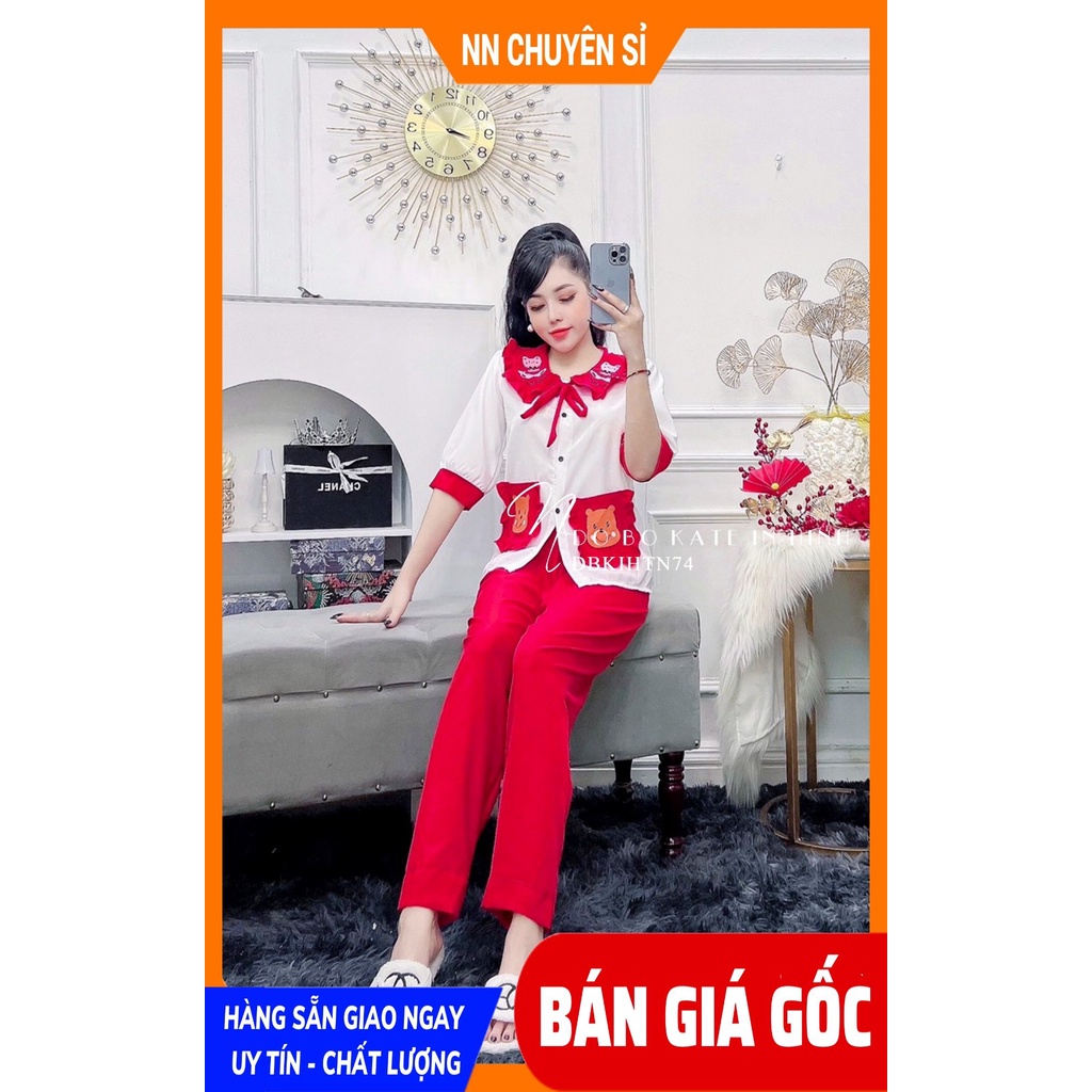 Đồ bộ tiểu thư cho nữ mặc nhà chất kate mềm mịn in gấu in hoạt hình dễ thương DBKIHTN74