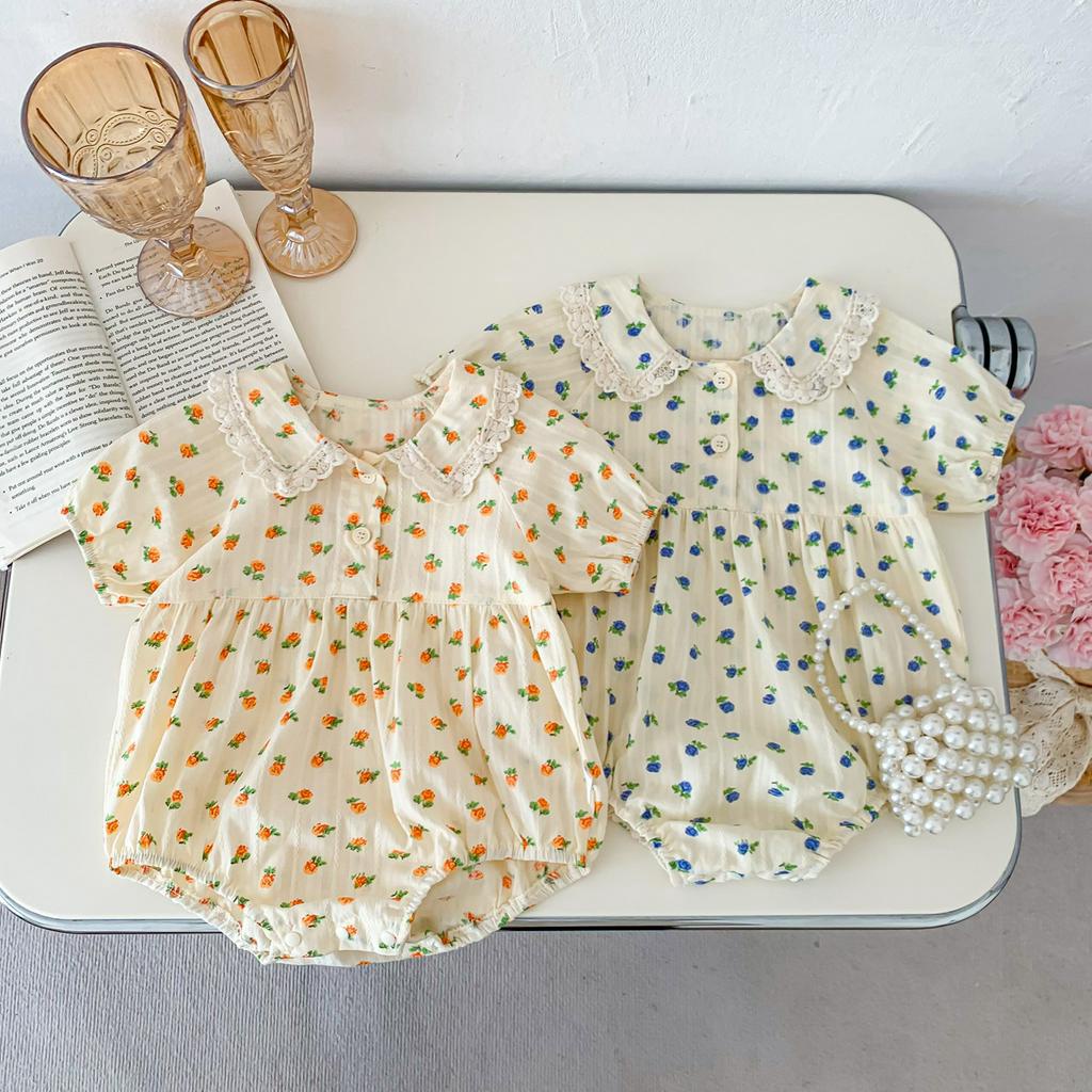 Bộ Áo Liền Quần Tay Ngắn Vải Cotton In Hoa Xinh Xắn Cho Bé Gái Từ 0-2 Tuổi