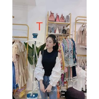 Áo Hở Vai Phối Sơ Mi