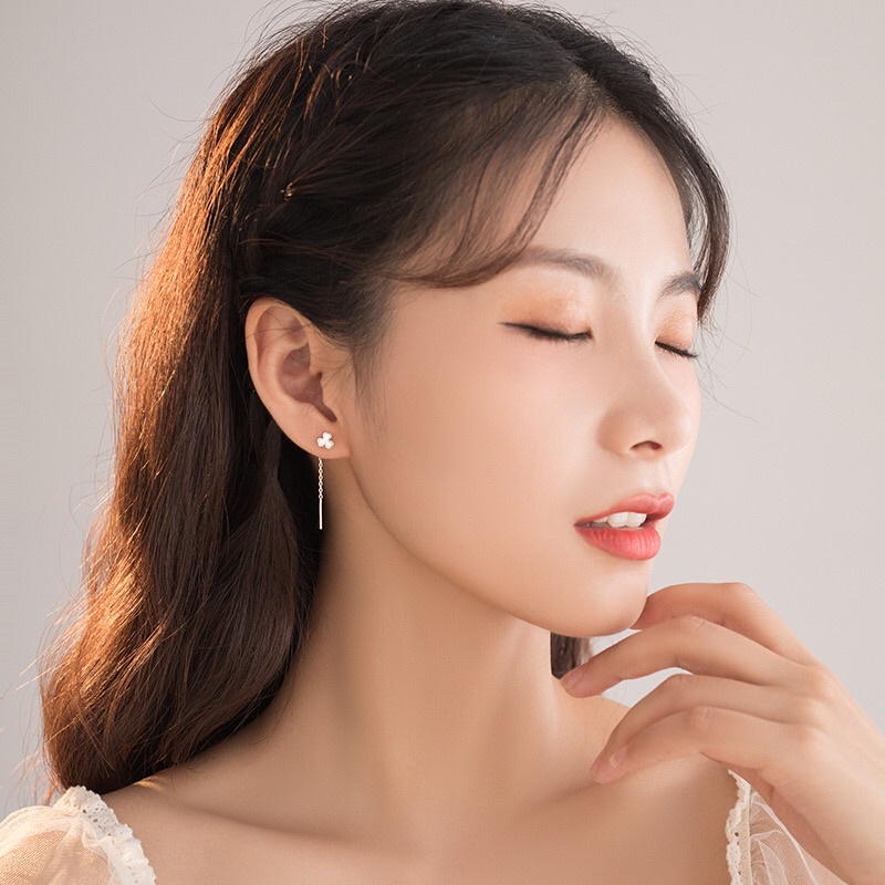 Khuyên Tai Nữ Bạc Trắng Hình Cỏ 3 Lá May Mắn Đuôi Dài Trẻ Trung, Tiểu Thư 2022 -Trang sức LCJ