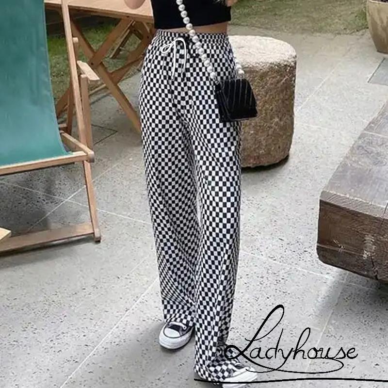 Quần dài lưng thun ống suông họa tiết sọc caro phối dây rút thời trang mùa xuân cho nữ