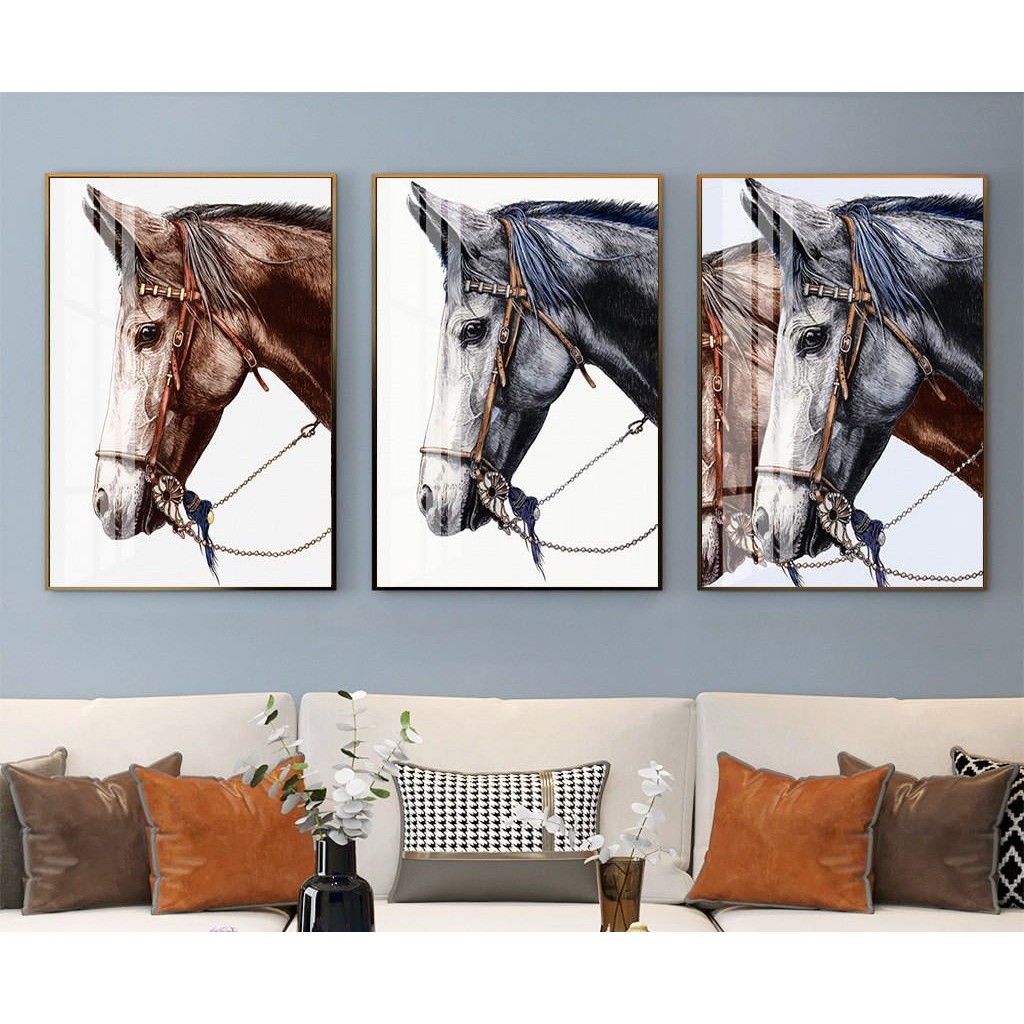 Bộ 3 Bức Tranh Ngựa Phong Thuỷ Trắng Đen Hiện Đại Sang Trọng Trang Trí Phòng Khách Sạn - MELYHOME DECOR