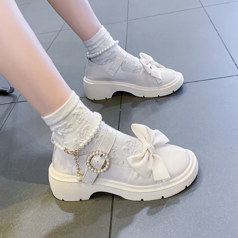 Giày Búp Bê Da Bóng Mũi Tròn to Đính Tua Rua Phối Dây Xích Kim Loại Kiểu Lolita Dễ Thương Cho Nữ