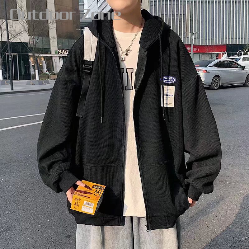 Áo Khoác hoodie Dáng Rộng Phối Khóa Kéo Phong Cách Hiphop Đường Phố Cho Nam