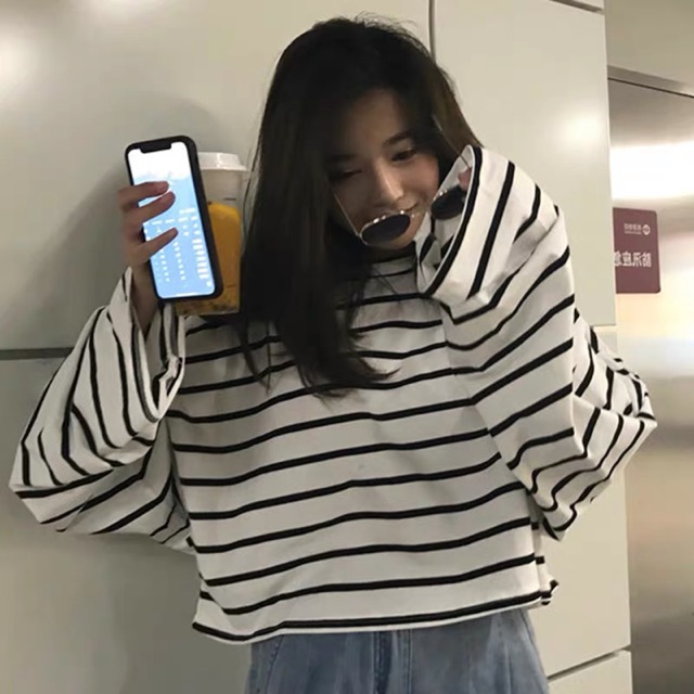 Áo croptop tay dài kẻ ngang,weater sọc ngang phong cách cá tính