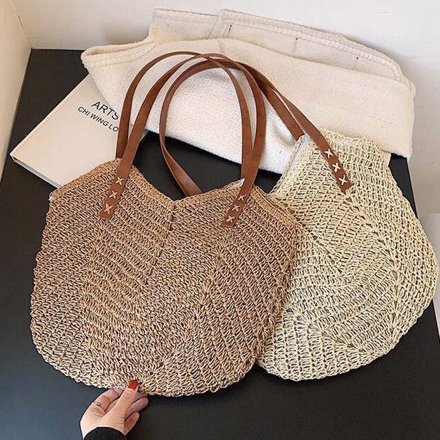 Túi cói Tote hình trái tim - dây da đeo vai - phong cách Vintage (mẫu mới)
