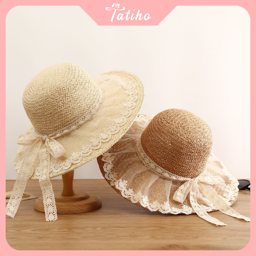 Mũ Cói Unisex Nữ, Nón Cói Vành Rộng Chất Liệu Cao Cấp Họa Tiết Phối Voan Nơ Ren Phong Cách Vintage Đi Biển - Mã NC028