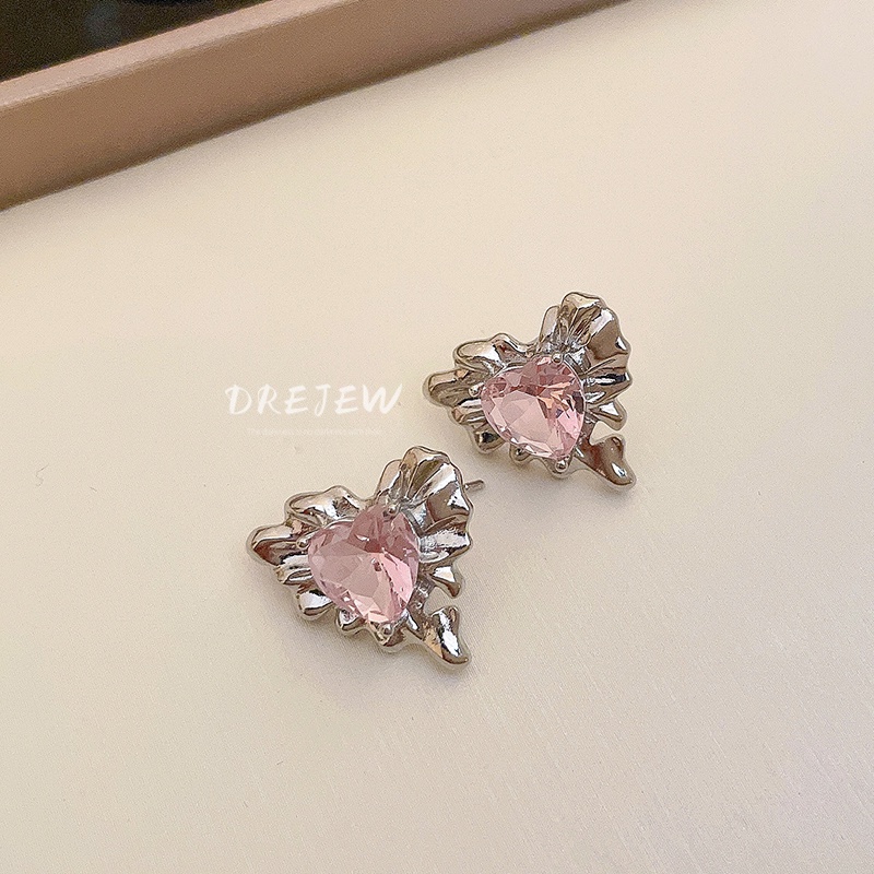 DREJEW Khuyên tai mạ bạc đính đá zircon trái tim tua rua phong cách baroque Hàn Quốc