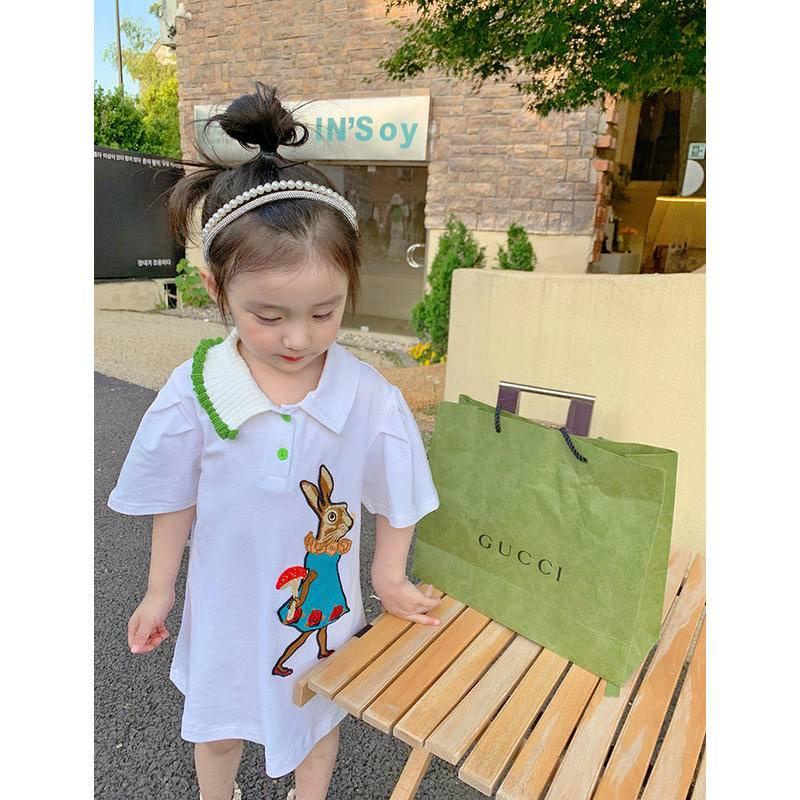 Đầm cotton dài giữa cổ áo polo in hình hoạt hình phong cách Hàn Quốc cho bé gái