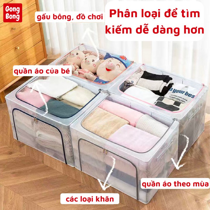 Hộp đựng quần áo chăn màn vải trong suốt chống thấm nước có khung thép có nắp khóa kéo dung tích 66l