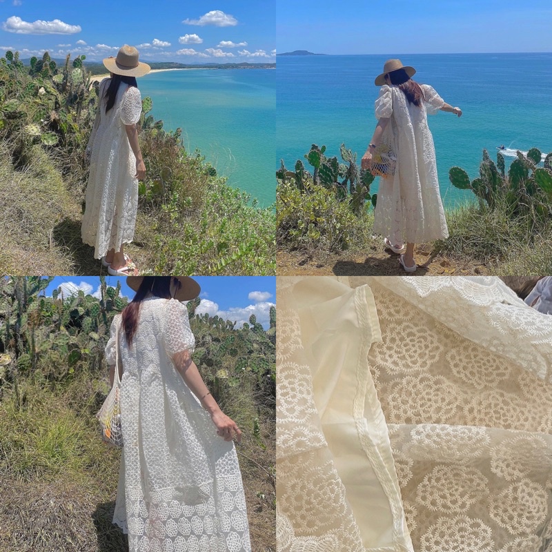 (HÀNG SẴN) Váy babydoll dáng dài chất ren thêu, đầm suông dài form rộng BIGSIZE màu kem tay ngắn có lớp lót