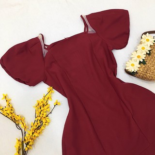 Đầm váy freesize đỏ đô đuôi cá viền lưới