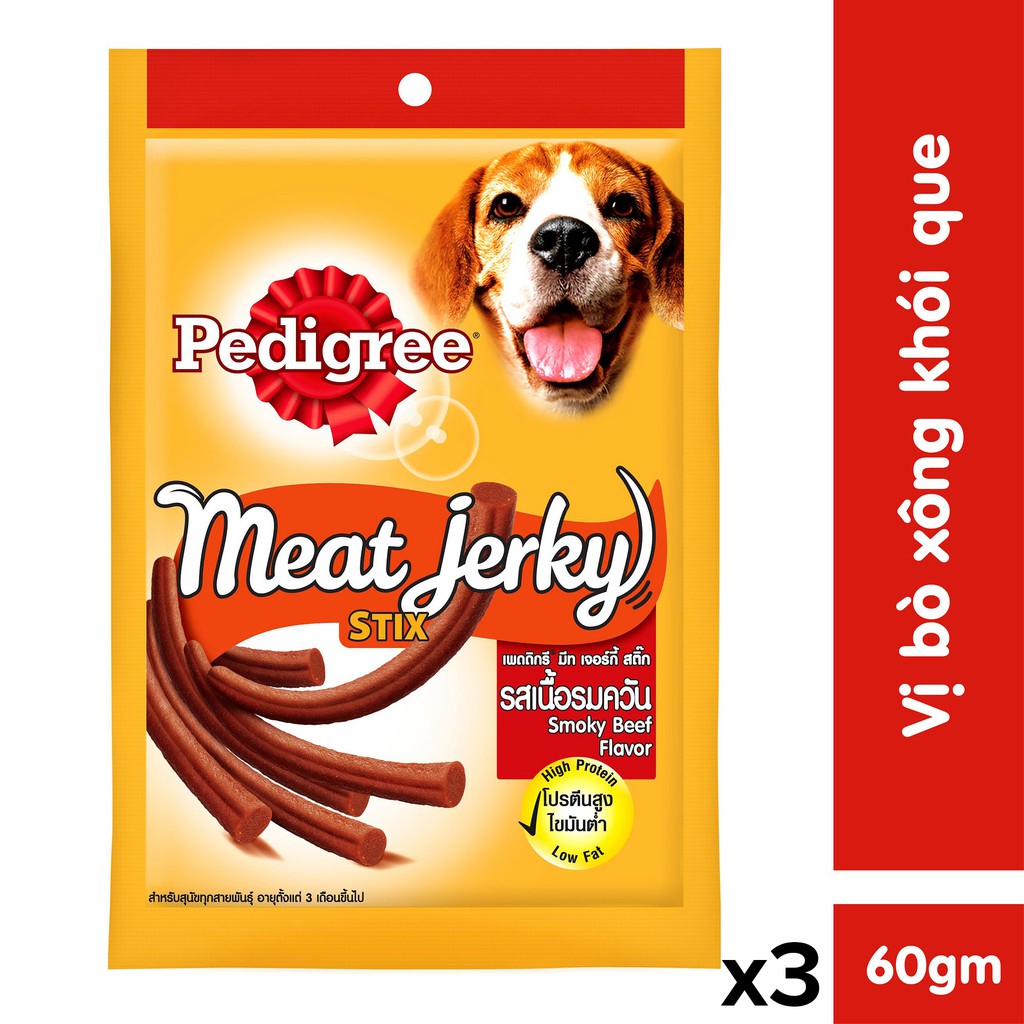 [Mã PETMKP10 giảm 10% đơn 199k] Bộ 3 thức ăn vặt cho chó Pedigree Meat Jerky vị bò xông khói dạng que 60g