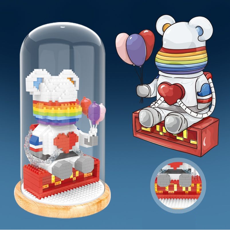 Bộ đồ chơi lắp ghép gấu BearBrick Phi Hành Gia có lồng kính cho bé trai, Bộ đồ chơi lắp ráp đồ chơi sáng tạo
