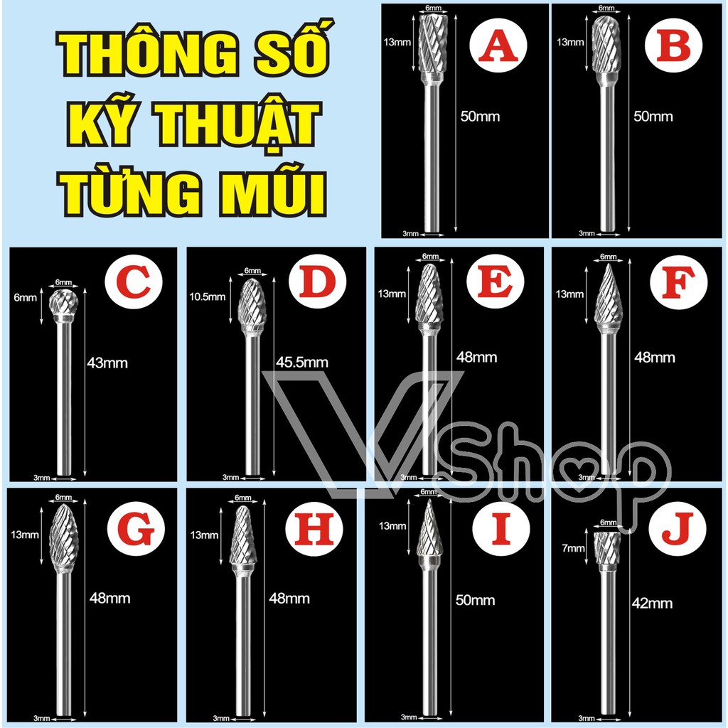 Mũi mài, khoét gọt, chạm khắc. thép vonfroam, gia công gỗ, đá, kim loại