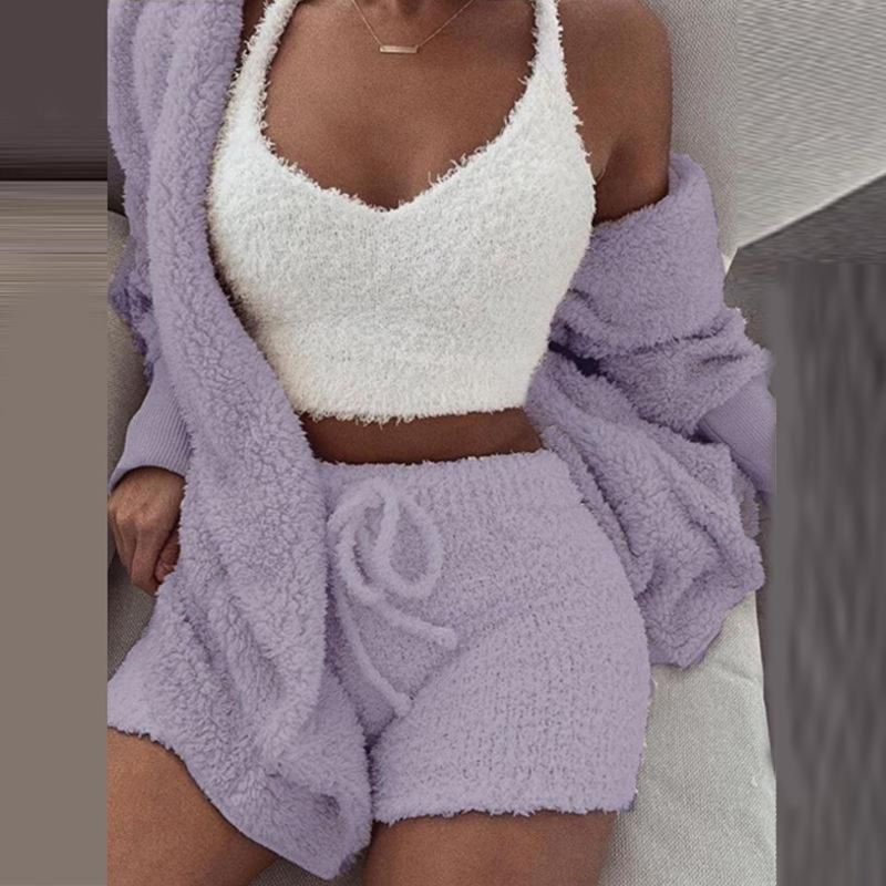 Set Đồ 3 Món Gồm Áo Khoác Cardigan Có Nón + Quần Ngắn + Áo Crop Top Gợi Cảm Cho Nữ