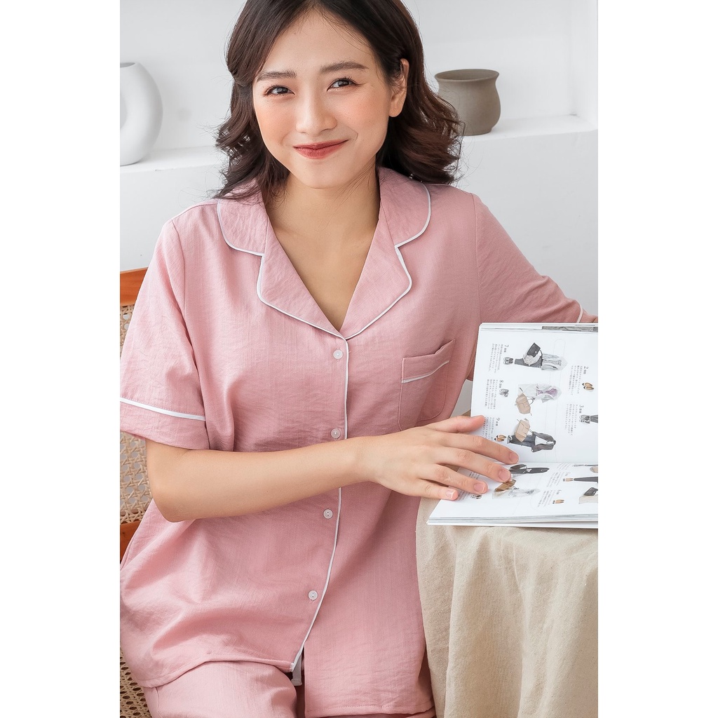 Bộ pijama mặc nhà áo cộc quần dài MOMOJAMA chất liệu đũi xước - 5 màu trơn