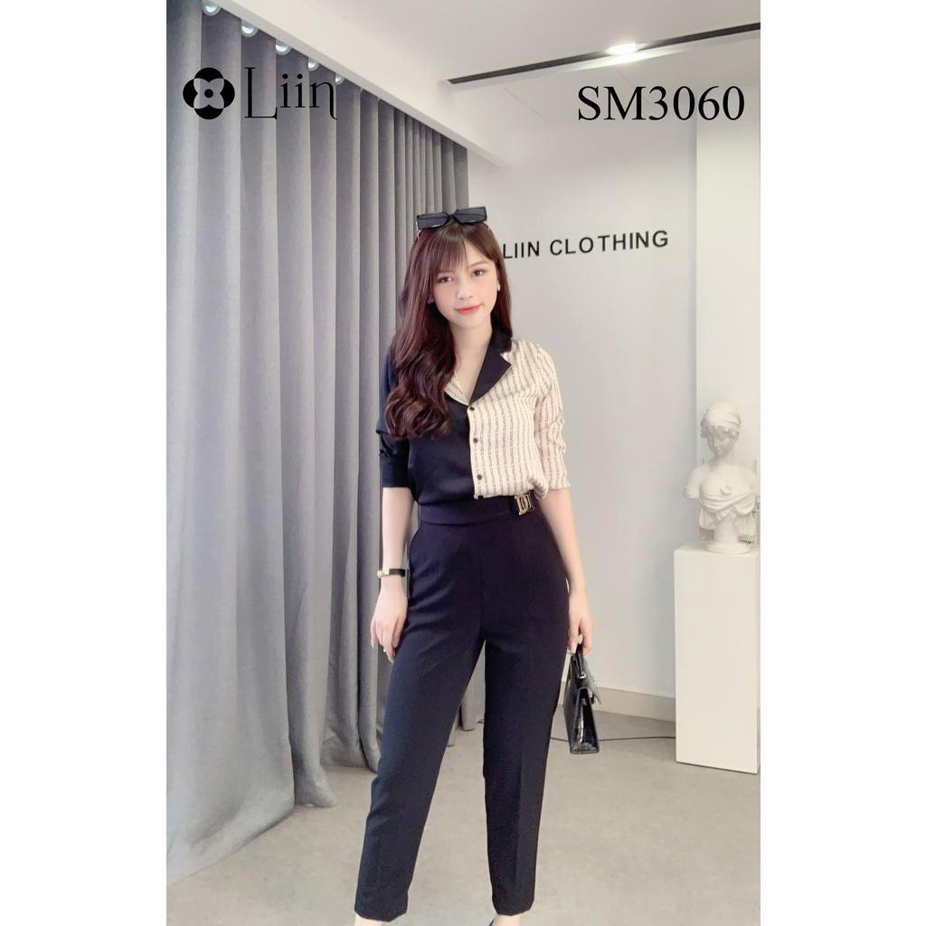 Áo sơ mi nữ màu Đen cao cấp phối Chữ kết hợp Cổ Vest sành điệu Liin Clothing SM3060